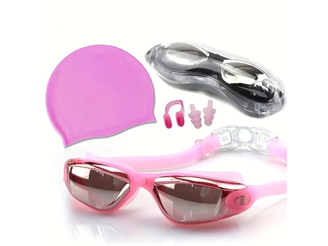 Óculos De Natação Para Adultos Com Touca De Silicone Tampões Para Os Ouvidos E Clipe Nasal (rosa)