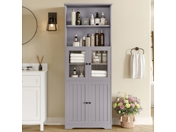 Armario De Baño Alto 57.4x28.5x160 Cm - Con Puertas De Vidrio Y Madera, Estantes Ajustables - Gris