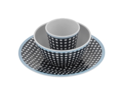Juego de vajilla para el hogar: plato, tazón y taza con estampado de cuadros azul oscuro, ideal para ensaladas y frutas.
