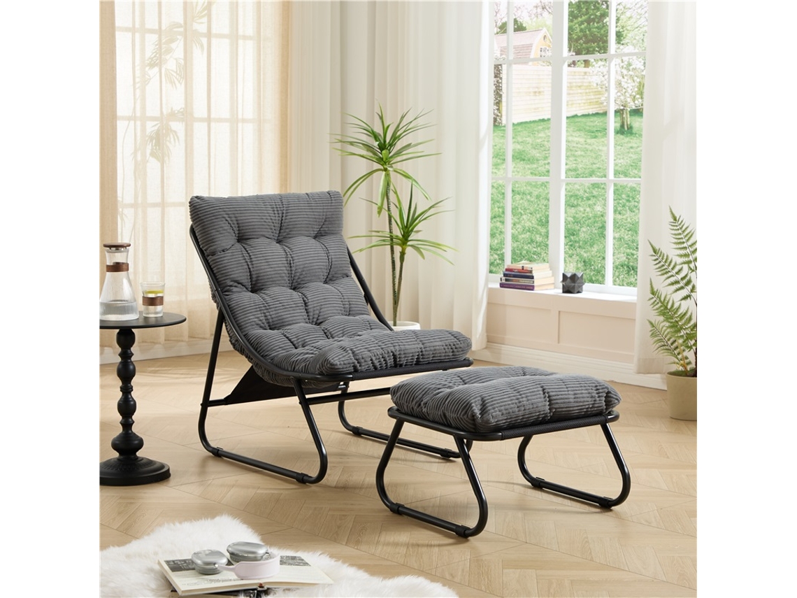 Sillón De Jardín Con Reposapiés Y Cojín Reclinable, Color Negro, Taburete Gris.