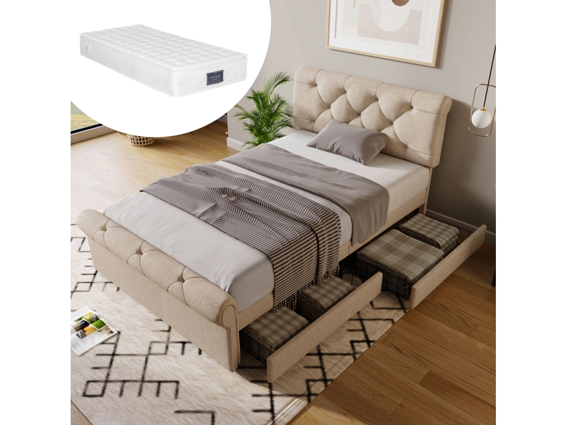 Cama Individual Chesterfield De 90x200 Cm Con Cajones, Cabecero Ajustable Y Colchón Incluido.