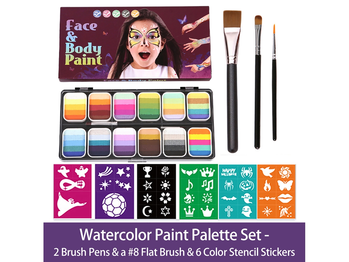Paleta de pintura al agua profesional para rostro y cuerpo con pinceles seguros y plantillas para fiestas, Halloween y cosplay.