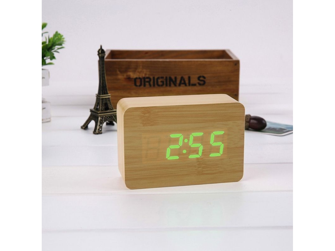 2026-reloj Despertador Digital Led De Carga Usb/batería Con Temperatura, 3 Alarmas, 2 Modos Y 3 Ajustes De Brillo (luz Verde Madera De Bambú)