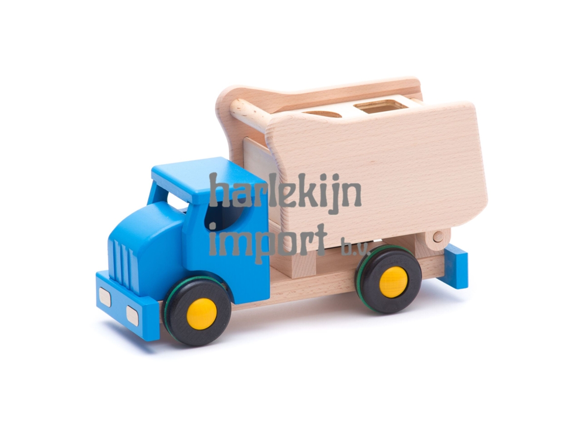 Camión volquete clasificador de formas Bajo, carrito de juguete de madera azul