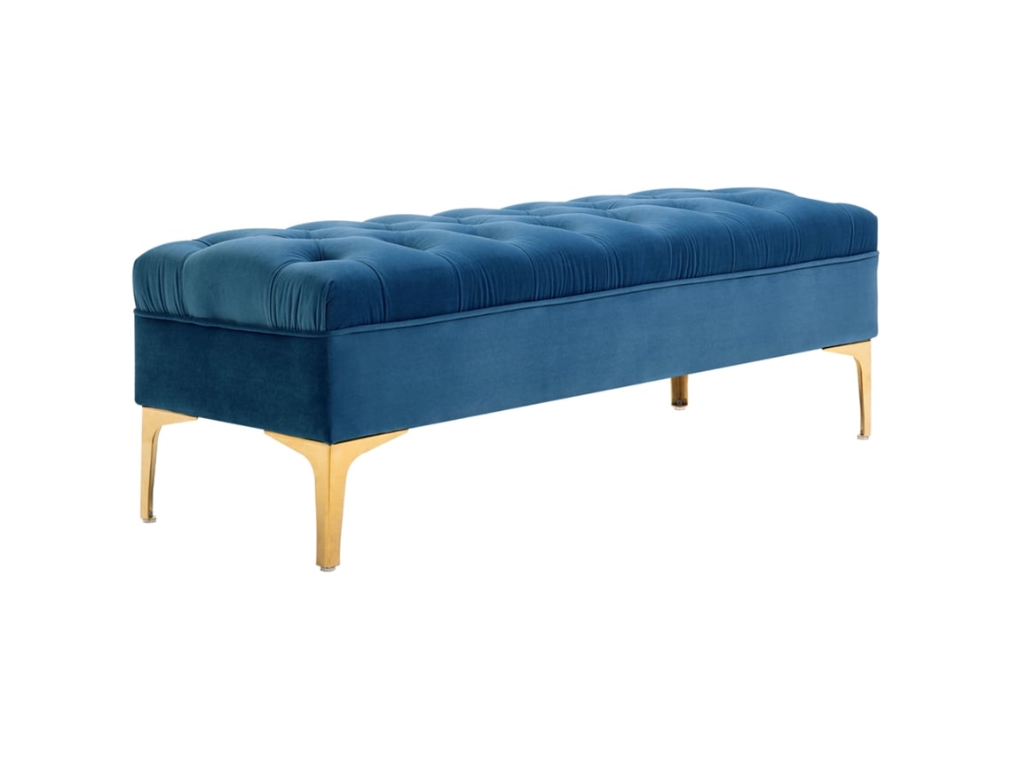 Banco tapizado con base de cama, estilo clásico, terciopelo azul, patas de metal dorado.