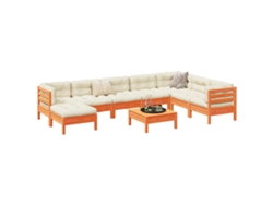 Conjunto de sofá de jardín de 9 piezas con cojines en pino macizo, marrón miel, DKD Home Decor
