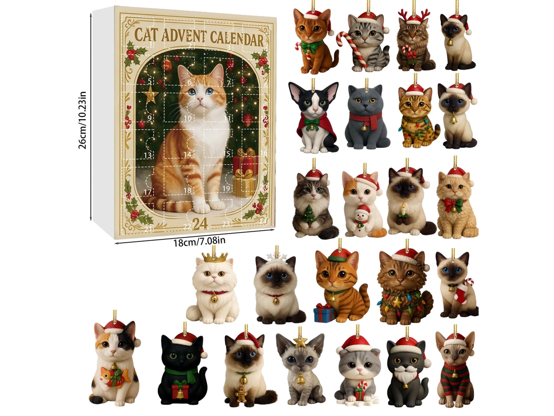 Calendario de Adviento, 24 colgantes decorativos de gatos navideños M10 Digitallab