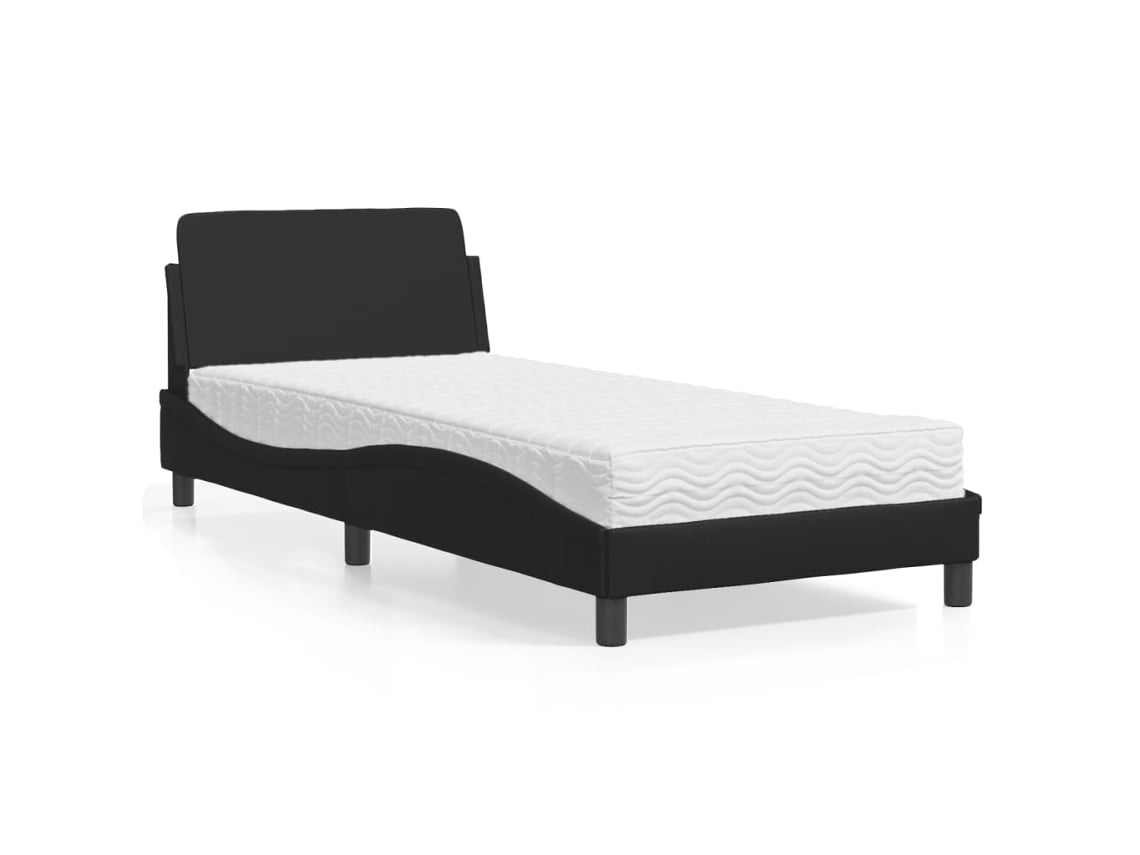 Cama Con Colchón Cuero Sintético Negro 90x190 Cm