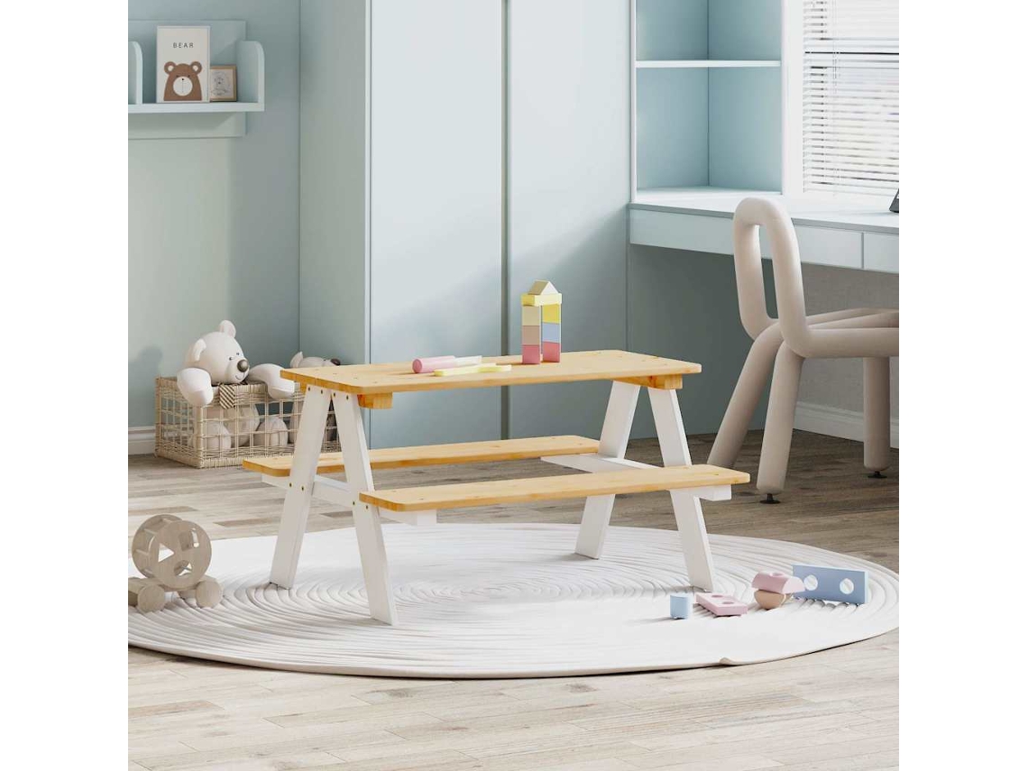 Mesa Infantil Con Bancos Irun Madera Maciza Blanca 90x79,5x50cm