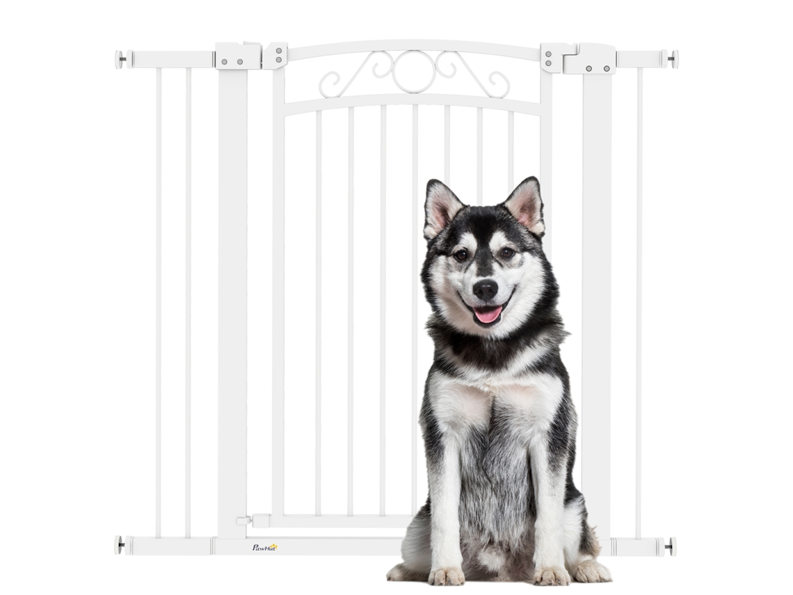 Barrera para perros ajustable de 76 a 104 cm con 2 extensiones y doble cierre, color negro.