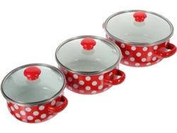 Juego de 3 mini sartenes esmaltadas con asas dobles, tamaños 12, 14 y 16 cm, color rojo con lunares, Gokoco