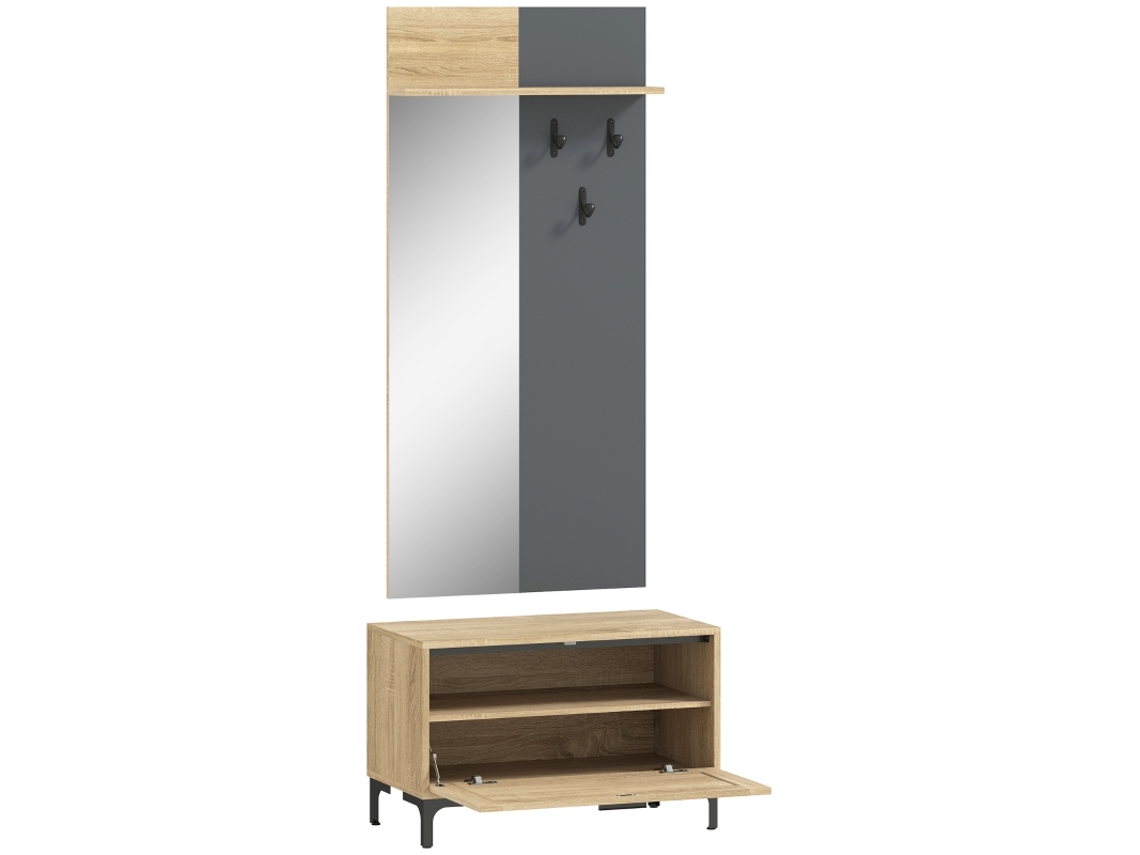 Conjunto de recibidor, banco zapatero, espejo, 3 ganchos, estante abierto, muebles de recibidor, madera gris natural Mc Star