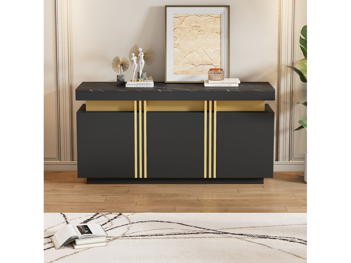 Aparador 140x38x70 cm 3 puertas, divisores regulables, perfecto para cocina, salón, comedor, pasillo estilo negro y dorado