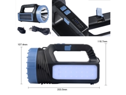 Linterna LED multifuncional con energía solar y luz de emergencia, color azul.