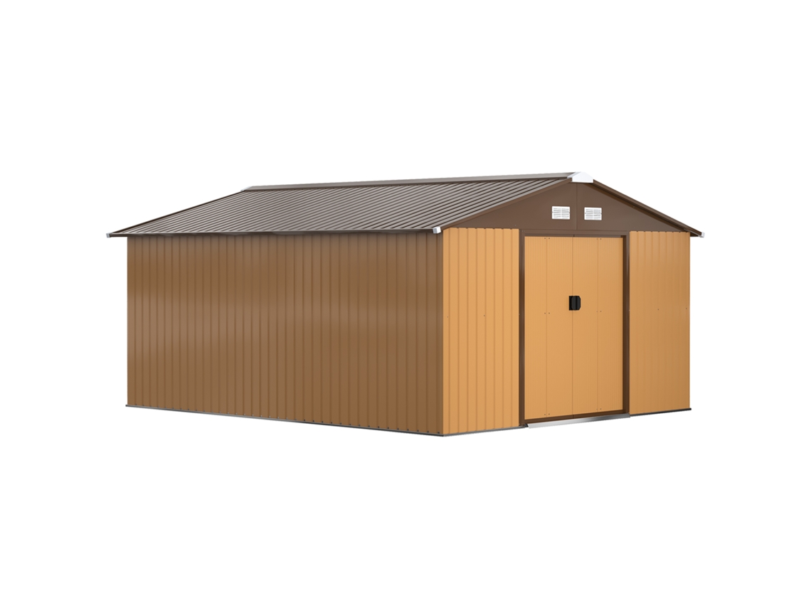 Caseta De Jardín Con 2 Puertas Correderas, 4 Aberturas De Ventilación, De Acero, 340x386x200cm, Amarilla.