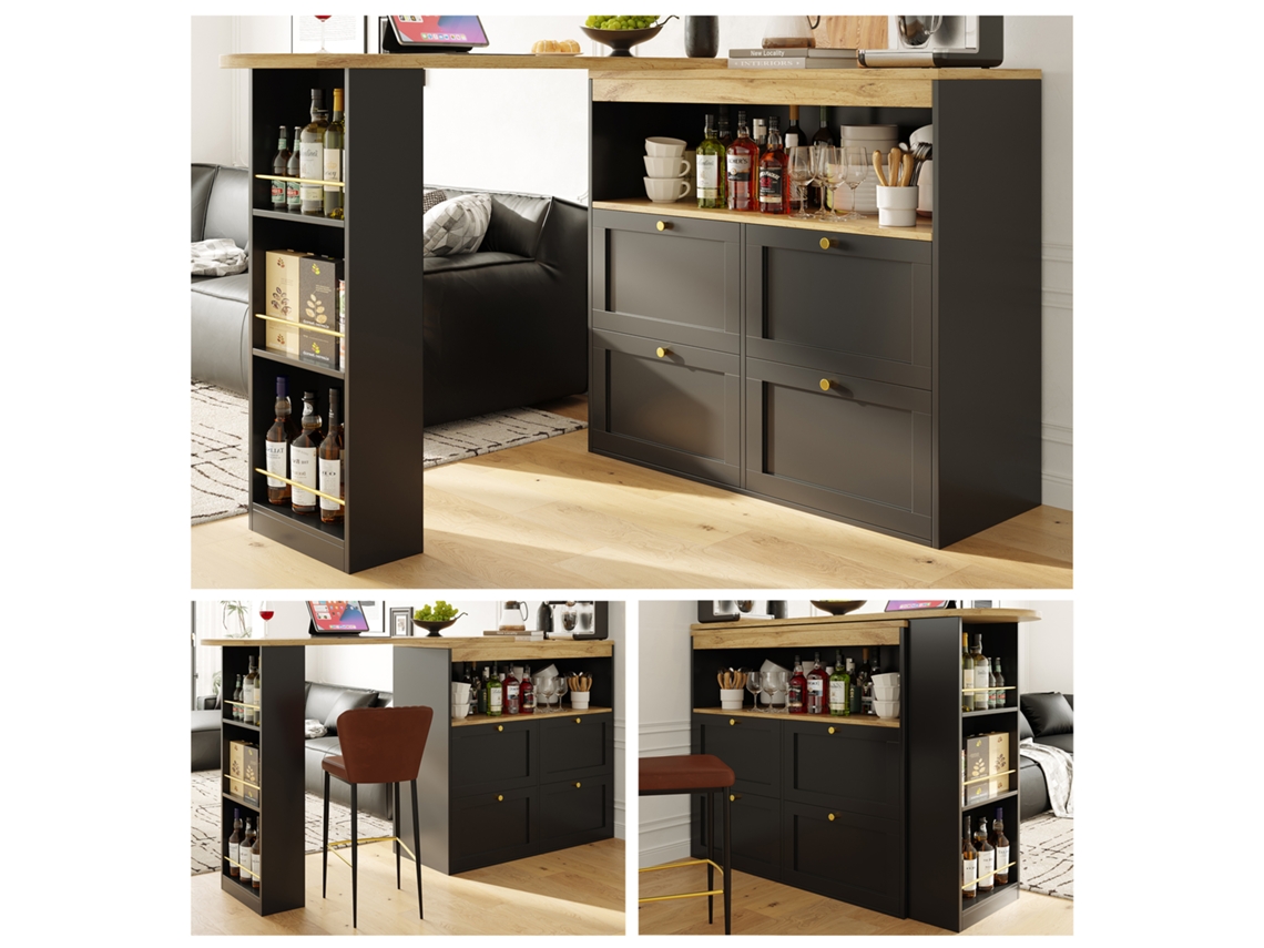 Mesa De Bar Giratoria 360° - 105x39x102 Cm - Con 4 Cajones Y Estantes Abiertos - Negro