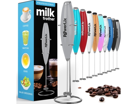 POWERLIX Espumador de Leche Eléctrico de Mano Batidora Leche Espuma Con Soporte de Acero Inoxidable 15-20S Potente 19000 Rpm Batidor para Café