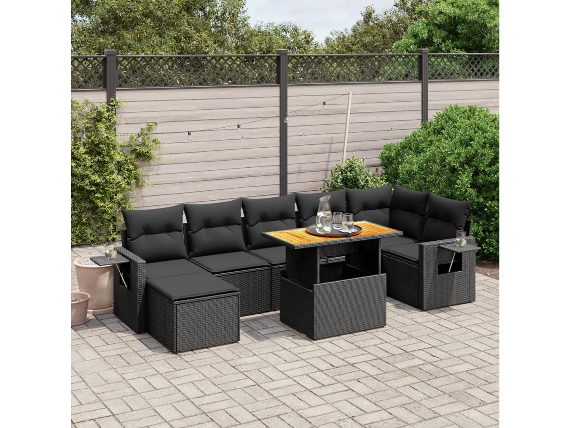 Conjunto de 8 sofás de jardín con cojines de mimbre sintético negro, Dkd Home Decor