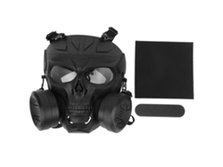 Protector facial transparente con forma de calavera y dos ventiladores ajustables.