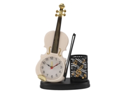 Reloj despertador con forma de violín de estilo retro y sacapuntas blanco.