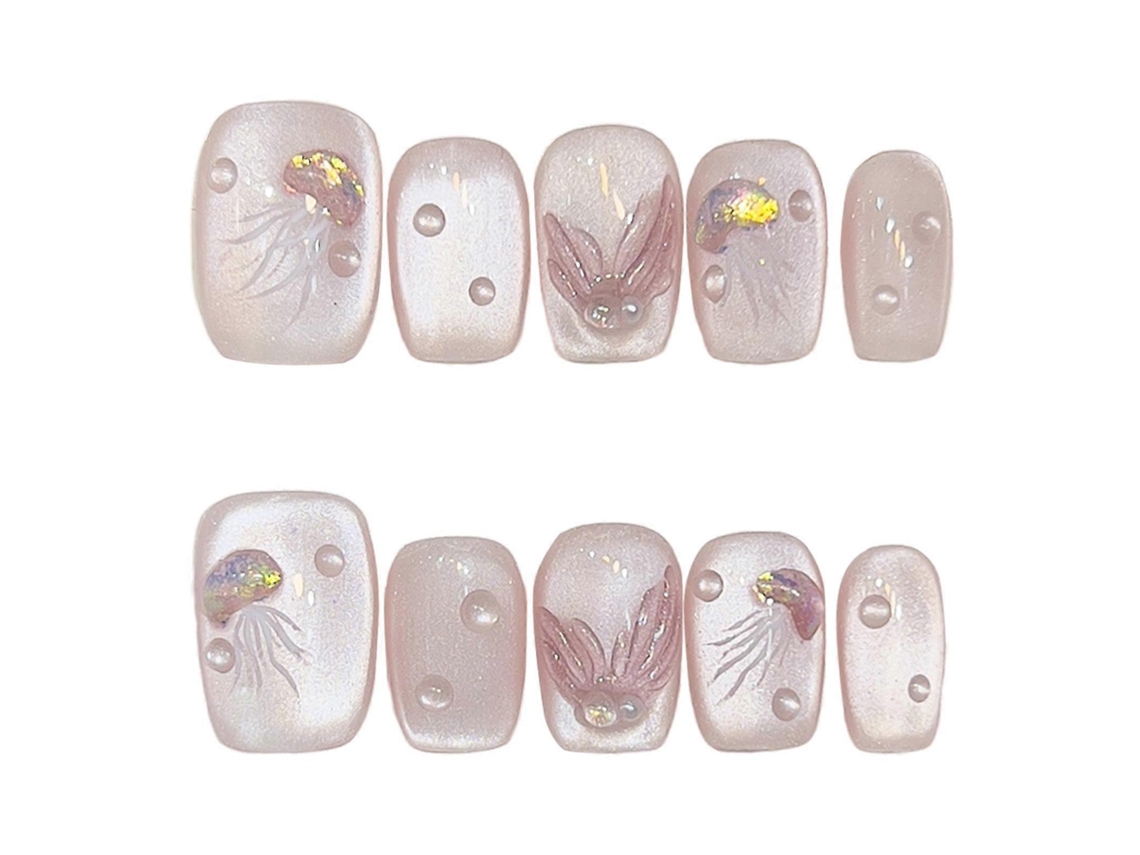 Uñas postizas rosas con forma de ojos de gato y decoración de medusa, ultra flexibles, de larga duración, Rosewell