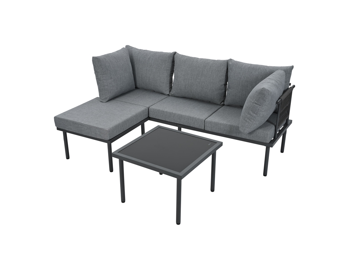 Conjunto Jardín - Sofá, Mesa Centro Y Reposapiés, Acero Galvanizado - Gris Negro