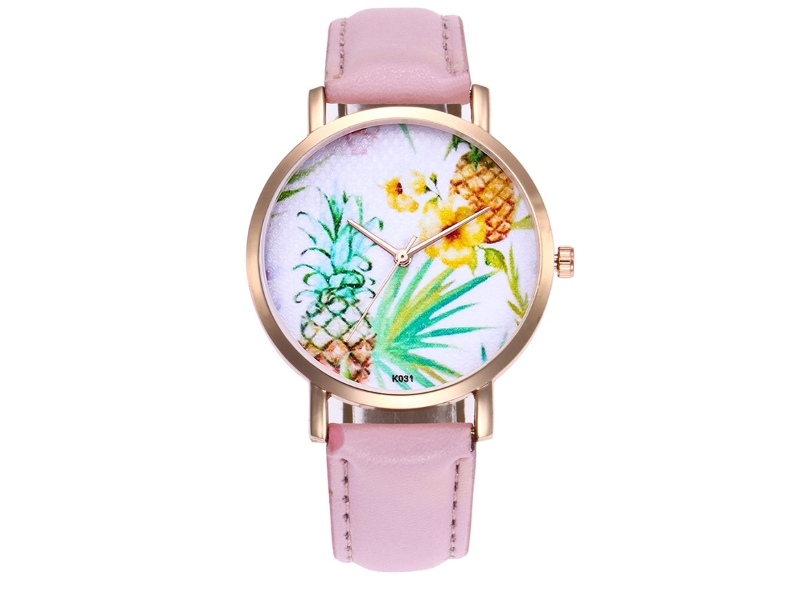 Reloj De Pulsera Para Mujer Zhoulianfa Con Correa De Pu Y Estampado De Piña Rosa.