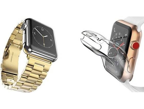 Kit Correa Acero Stainless, y Funda 360° APPLE Watch Series 7 - 45mm PHONECARE Dorado Transparente