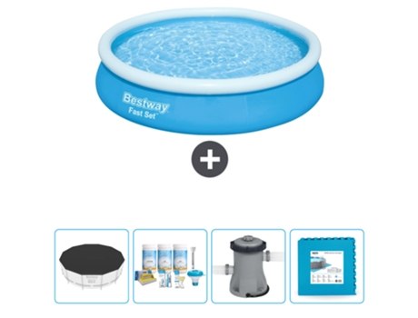 Piscina Hinchable Redonda Fast Set BESTWAY - 366 x 76 cm - Azul - Incluida Cubrir - Paquete de mantenimiento - Bomba - Baldosas