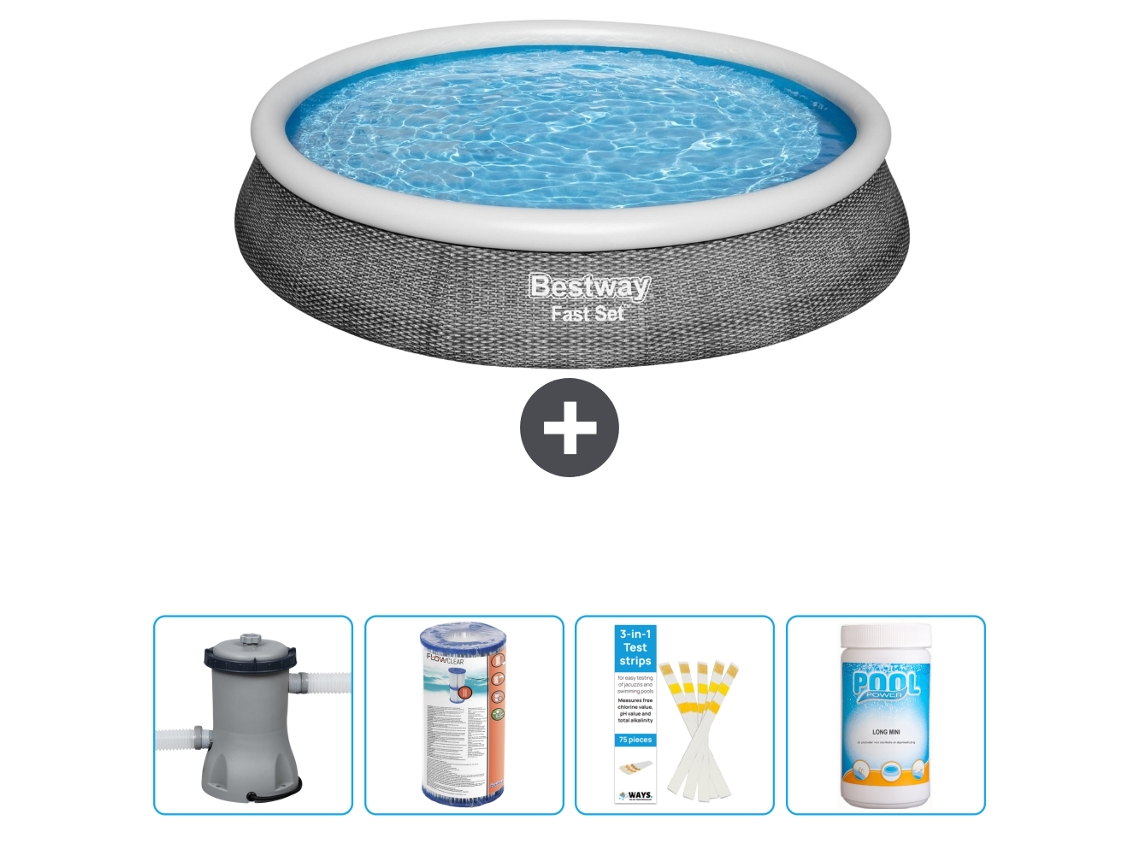 Piscina hinchable redonda Fast Set BESTWAY - Estampado ratán - 396 x 84 cm - Bomba incluida Filtrar - Tiras de prueba - Cloro