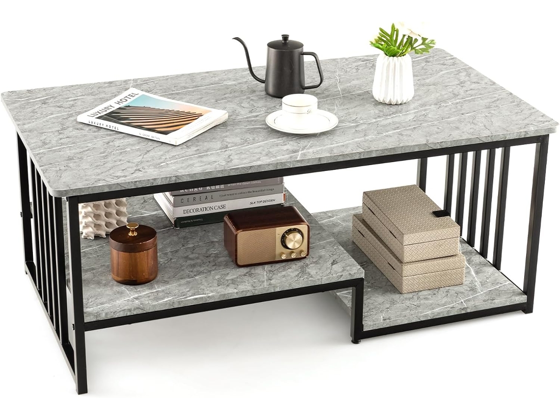 Mesa de Centro de Mármol, Mesa Rectangular de 2 Niveles con Estante de Almacenamiento Abierto, Mesa de Cóctel Larga y Moderna COSTWAY