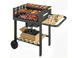 Carro Para Parrilla De Carbón Con Rejilla Regulable En Altura En 4 Posiciones, 2 Estantes Madera, 2 Ruedas, Contenedor Cenizas, 99,5 X 58 X 82 Cm