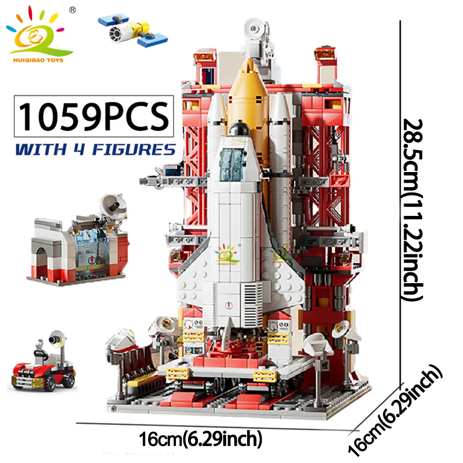 Bloques de construcción de cohetes espaciales tripulados con figuras de astronautas.