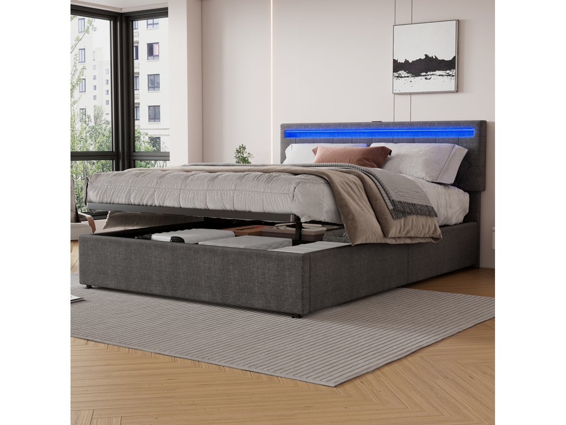 Cama De 160x200 Con Led, Usb-c Y Espacio De Almacenamiento, Color Gris.