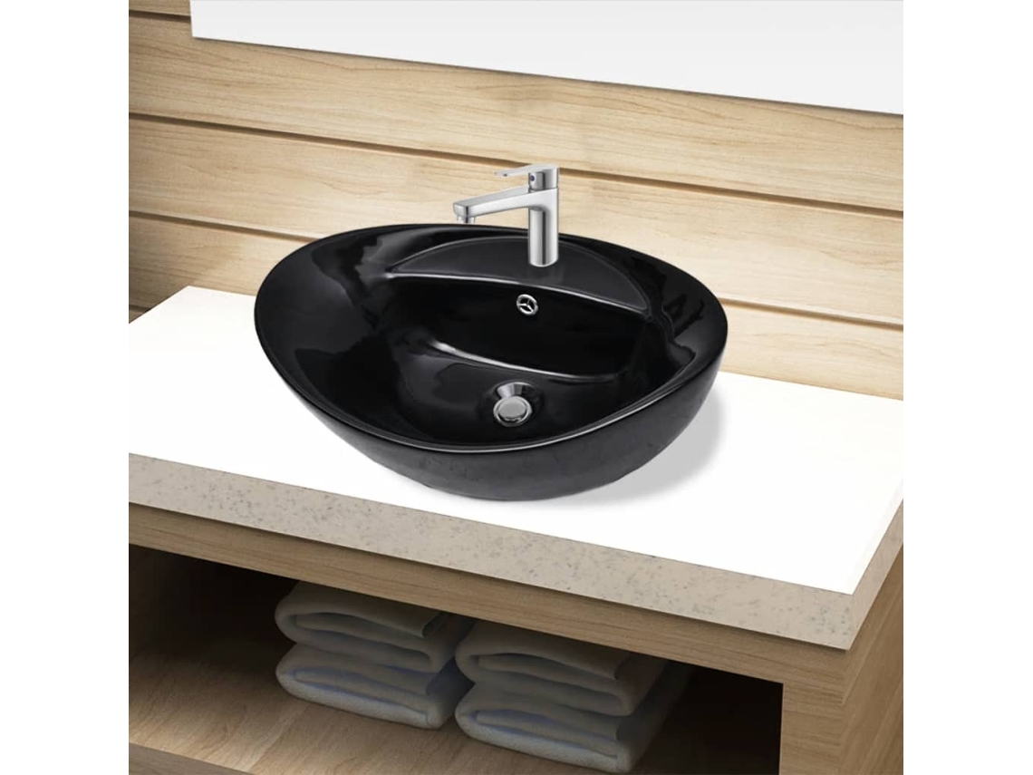 Fregadero y grifo de cerámica con rebosadero ovalado negro DKD HOME DECOR