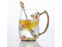 Taza De Vidrio Con Flor Y Mariposa Y Cuchara (roja-alta)