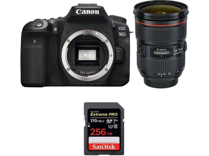 Kit Cámara CANON EOS 90D + EF 24-70mm f/2.8L II USM + SanDisk 256 GB (APS-C)