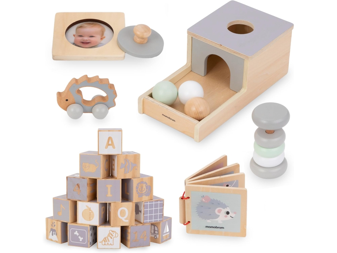 Juegos de Desarrollo Sensorial Montessori de Madera, 6 Juguetes Educativos, Juegos de Madera, Sonajero, Bloques, Coche, Erizo, Libro MAMABRUM
