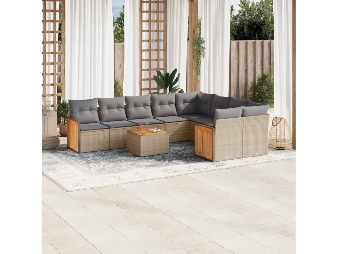 Conjunto de sofá de jardín de 10 piezas con cojines, mimbre sintético beige, Dkd Home Decor