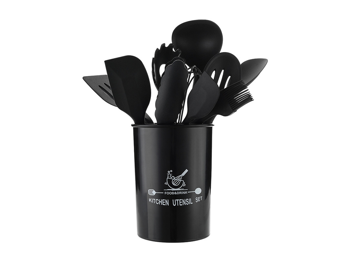 Juego De 11 Utensilios De Cocina De Silicona, Con Cubo De Almacenamiento, Para Hornear, Color Negro Cuich