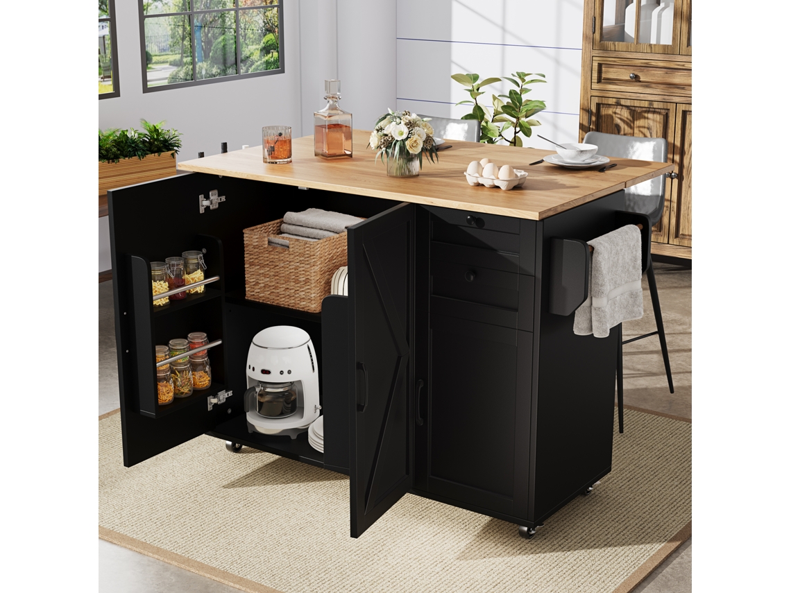Isla De Cocina Moderna Con Armario Y Carrito Aparador, De Madera Negra.