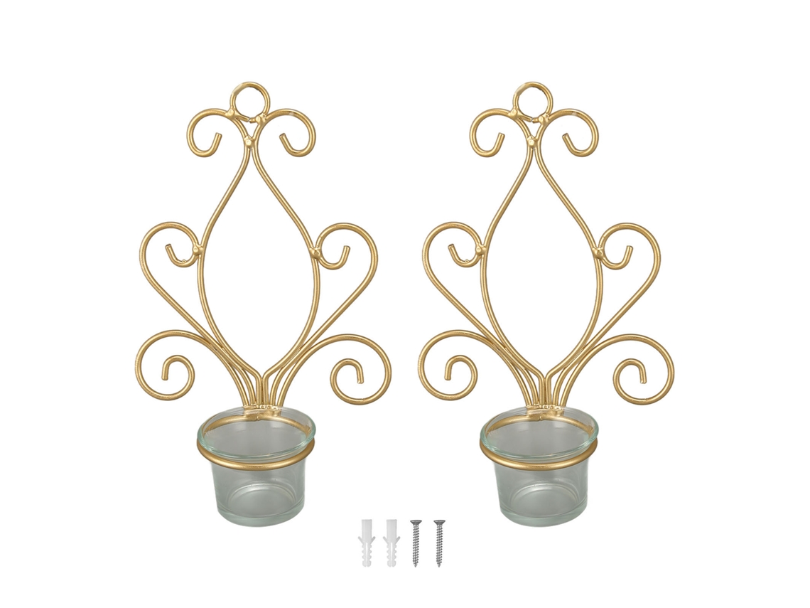 Baok - Juego de 2 portavelas de pared de metal dorado resistente para decoración de bodas