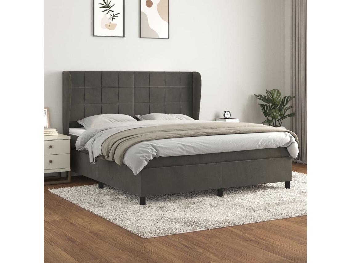 Cama Box Spring Con Colchón Terciopelo Gris Oscuro 180x200 Cm