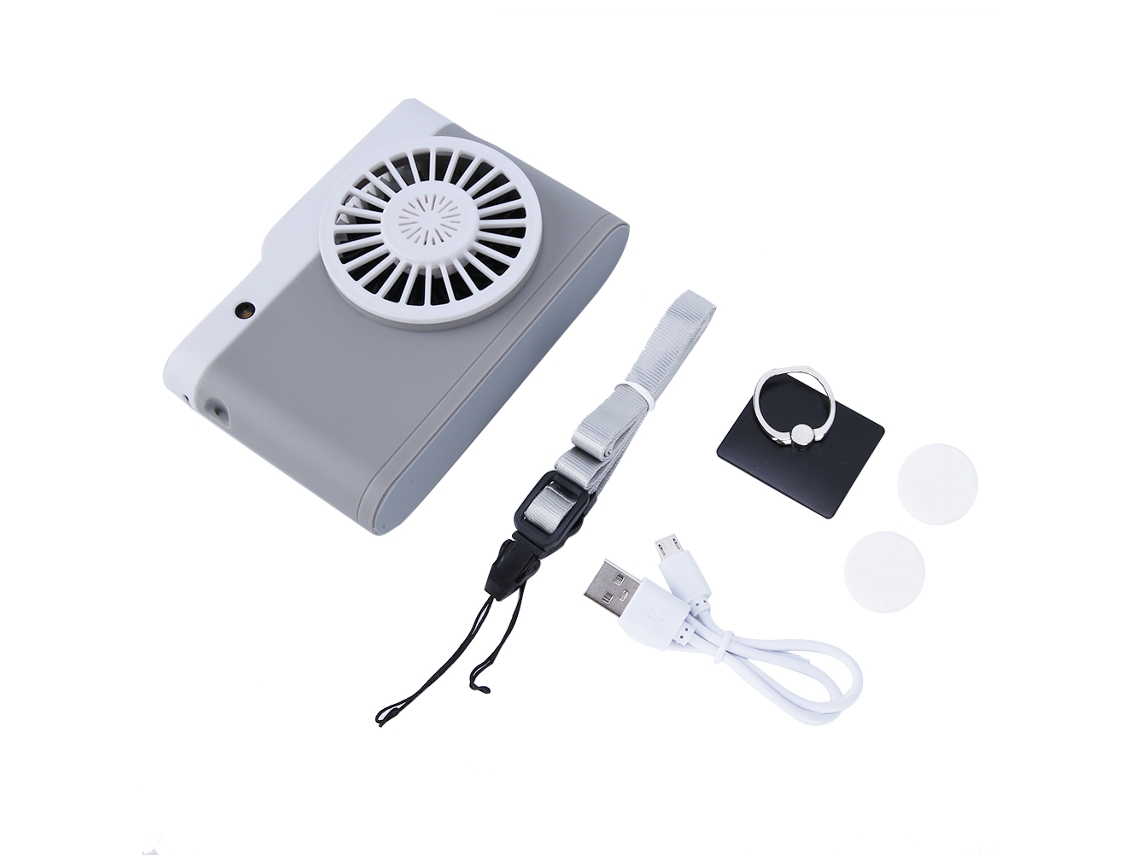 Ventilador USB portátil ajustable con iluminación gris.