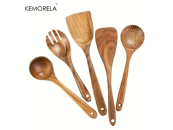 Juego de 5 utensilios de cocina de madera natural, que incluye espátula, colador de mango largo y cucharón. Mdug