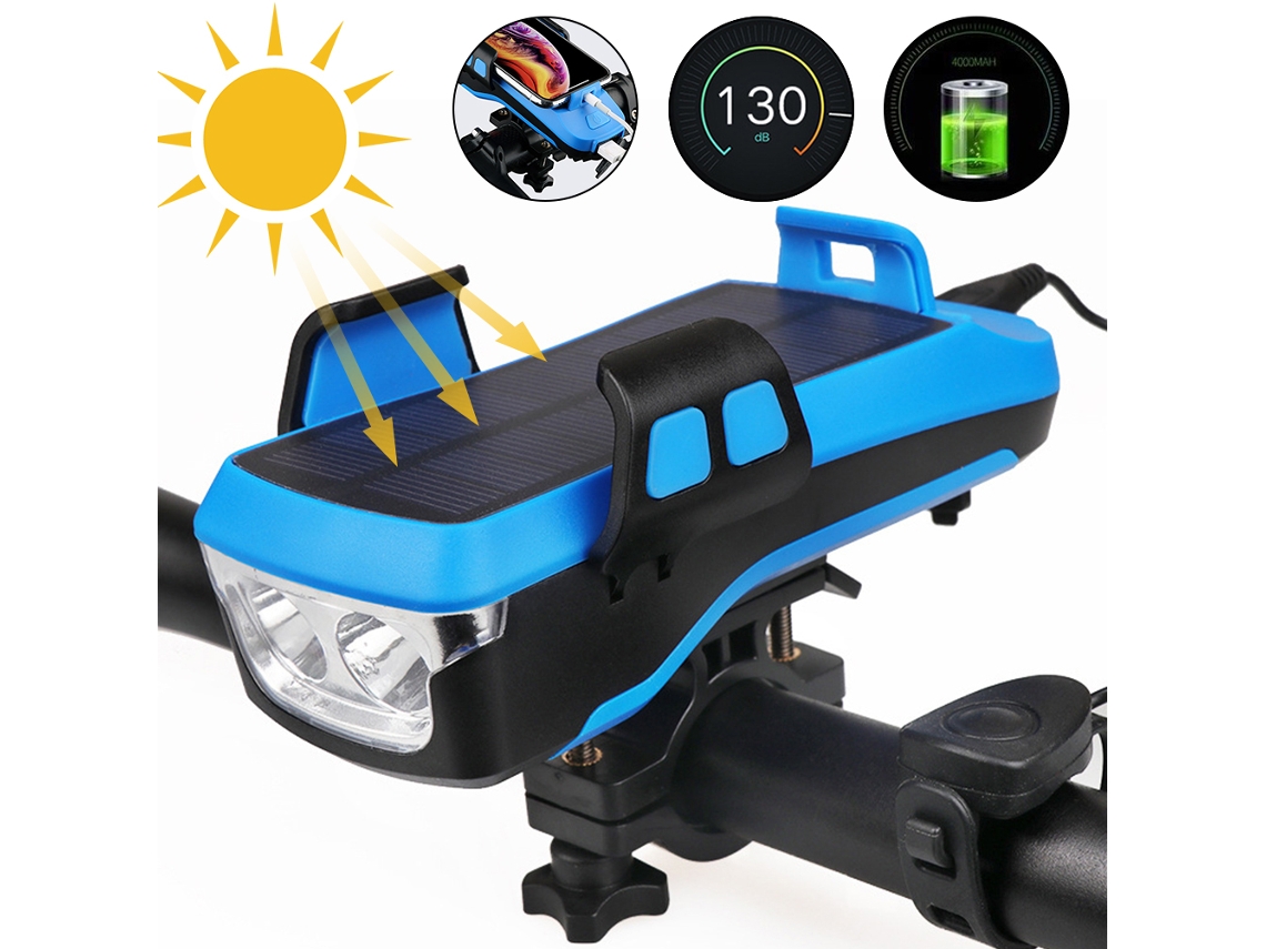 Luz Solar Para Bicicleta 4 En 1 Con Soporte Para Teléfono Móvil, Batería De 4000 Mah Y Zumbador Led De 550 Lm.