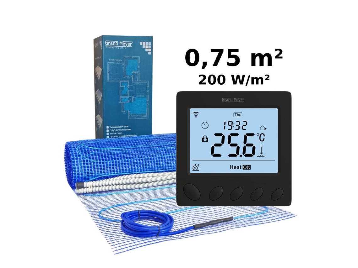 Kit de calefacción eléctrica por suelo radiante de 0,75 m², 200 W/m² W390. Termostato programable Wi-Fi Grand Meyer.
