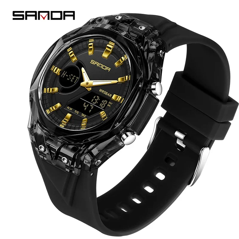Reloj Electrónico De Cuarzo Para Hombre (negro, Manecillas Doradas) Con Doble Pantalla, Alarma Luminosa, Diseño Deportivo Y Resistente Al Agua.