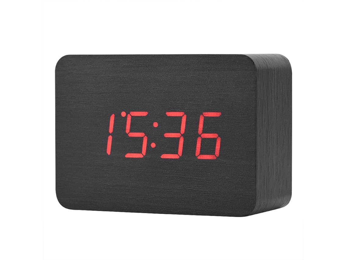 Reloj Despertador Digital De Madera Con Pantalla Led De Temperatura Y Control De Sonido - Negro