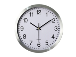 Reloj de pared silencioso de 35,5 cm, diseño contemporáneo, marco de aluminio plateado ecológico y mecanismo antirrobo.